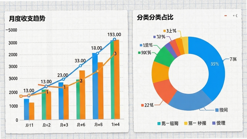 轻松记账统计报表界面截图,画面展示柱状图和饼图组合,左侧为月度收支趋势折线图,右侧为分类占比环形图,颜色鲜艳分明,背景为浅灰色网格纸质感,整体风格专业清晰,图表数据标注完整,体现软件的数据可视化能力。