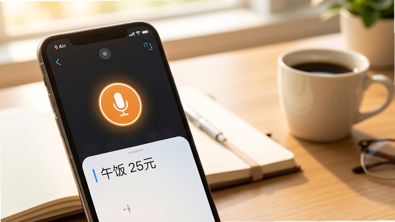 轻松记账语音记账功能演示图,画面中一部手机屏幕显示语音输入界面,麦克风图标高亮,下方出现识别出的文字“午饭 25元”,背景为办公桌场景,有笔记本和咖啡杯,风格写实,突出智能识别和效率感,整体色调温暖明亮。