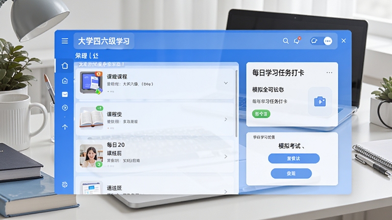 互动英语大学四六级学习平台主界面预览图,展示软件首页的课程列表、每日学习任务打卡模块和模拟考试入口,界面以蓝白为主色调,背景为简约的书桌和笔记本电脑场景,画面清晰明亮,突出学习氛围