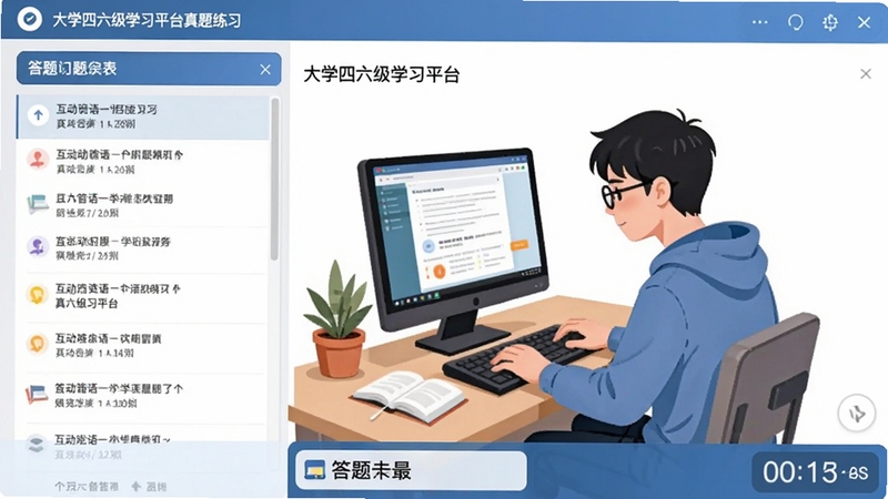互动英语大学四六级学习平台真题练习页面截图,左侧为题目列表,右侧为答题区域,底部有答题卡和倒计时,界面风格清爽,配以学生正在电脑前认真做题的场景插画