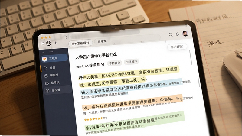 互动英语大学四六级学习平台写作批改界面,展示作文得分、批注高亮和修改建议,背景为键盘和草稿纸,色调温暖,突出学习辅助功能