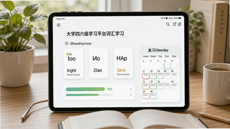 互动英语大学四六级学习平台词汇学习页面,展示单词卡片、记忆进度条和复习日历,背景为书桌和绿植,风格清新自然,体现轻松学习氛围
