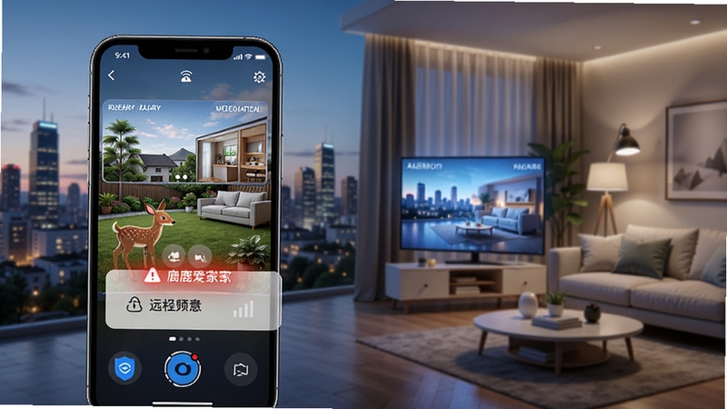 小鹿爱家智能家居远程控制功能示意图,手机界面显示室外场景,同时通过缩略窗口展示家中客厅摄像头画面,有报警通知弹出,背景为城市景观与家庭室内结合,体现远程监控的实用性与安全性,画面科技感强。