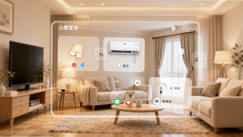小鹿爱家智能家居控制软件主界面预览图,画面中央显示客厅场景的灯光、空调、窗帘等设备控制卡片,背景为温馨的现代家居环境,整体色调明亮柔和,突出软件简洁易用的特点,界面元素清晰,适合作为软件介绍首图。