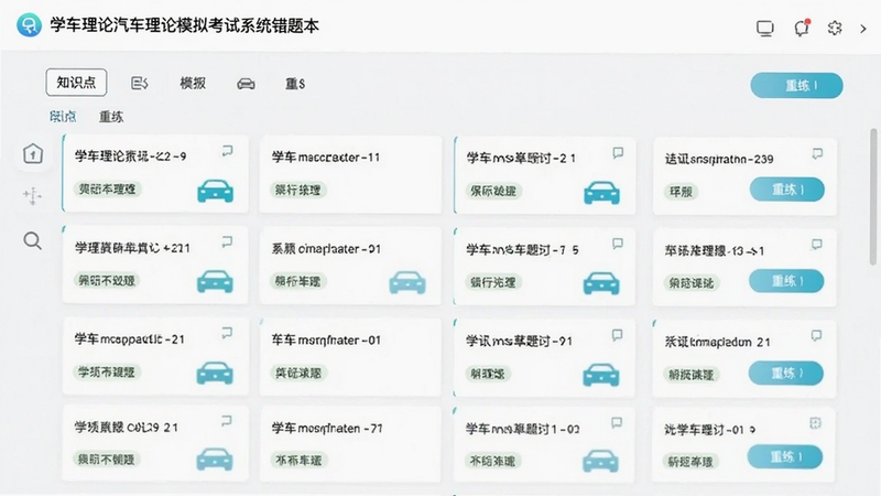 学车理论汽车理论模拟考试系统错题本界面,展示错题列表、知识点标签和重练按钮,背景为白色,界面简洁,错题卡片排列整齐,色彩清新