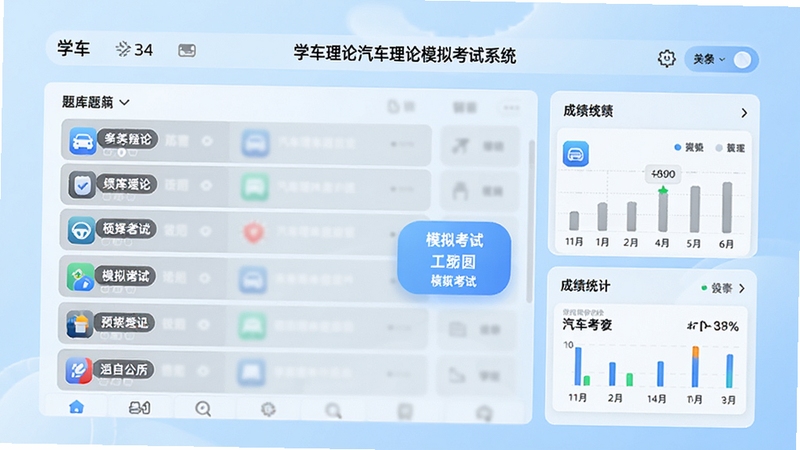 学车理论汽车理论模拟考试系统主界面预览图,展示题库列表、模拟考试按钮和成绩统计面板,背景为浅蓝色渐变,界面风格现代简约,图标清晰,整体明亮通透,高清渲染