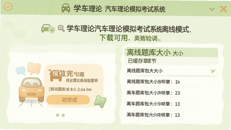 学车理论汽车理论模拟考试系统离线模式界面,显示下载完成提示、离线题库包大小和已缓存章节列表,背景为浅绿色,界面温馨,图标简洁,突出离线可用状态