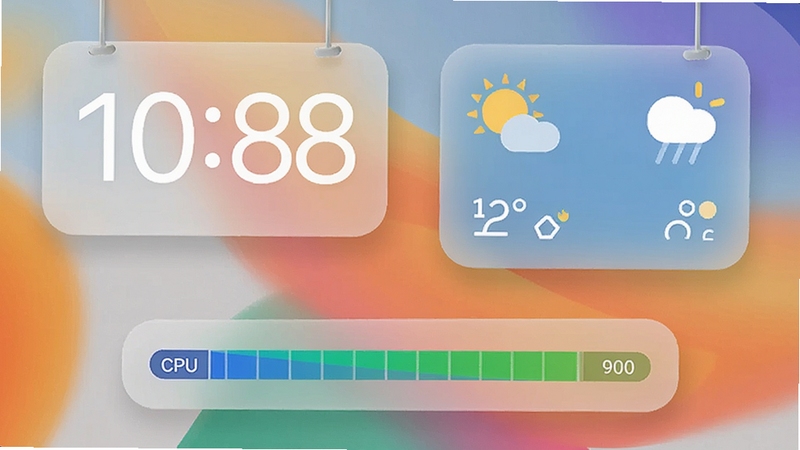 开屏桌面画报桌面挂件效果图,桌面背景为简约渐变壁纸,右上角显示天气挂件,左上角为数字时钟,底部为CPU监控条,挂件半透明磨砂质感,布局整洁美观