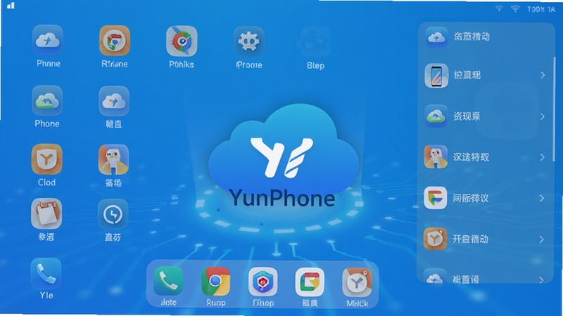 YunPhone软件主界面预览,展示云端手机桌面图标与应用列表,背景为科技感蓝色渐变,中心突出YunPhone品牌Logo,画面清晰明亮,风格现代简洁