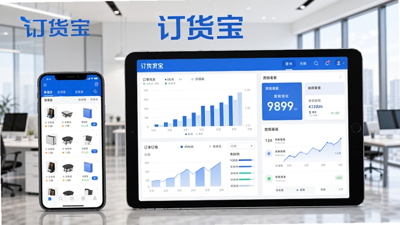 订货宝全貌预览图,展示软件在手机与平板上的主界面,背景为现代办公场景,左侧是商品列表与订单图表,右侧为数据看板,整体色调以蓝色和白色为主,界面简洁清晰,突出订货宝品牌字样,光线明亮,细节丰富