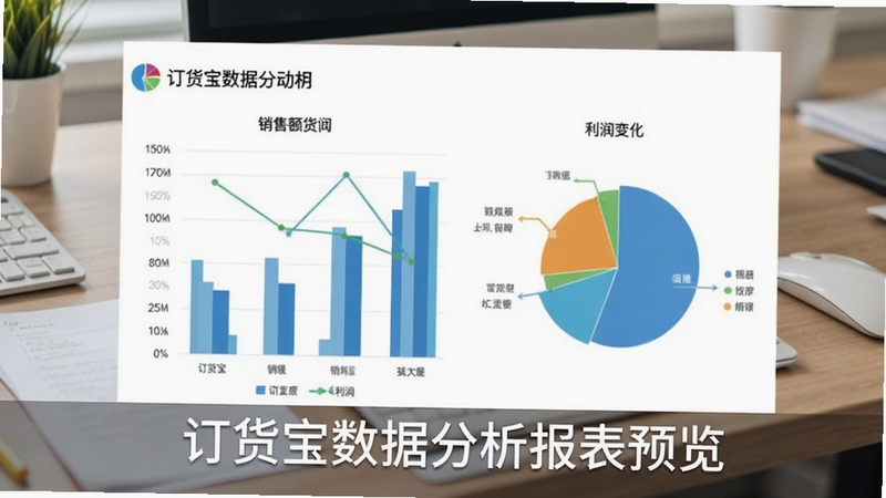 订货宝数据分析报表预览,包含柱状图、饼图与趋势线,背景为办公桌面,报表展示销售额与利润变化,强调数据驱动,软件名称以水印形式置于图表下方