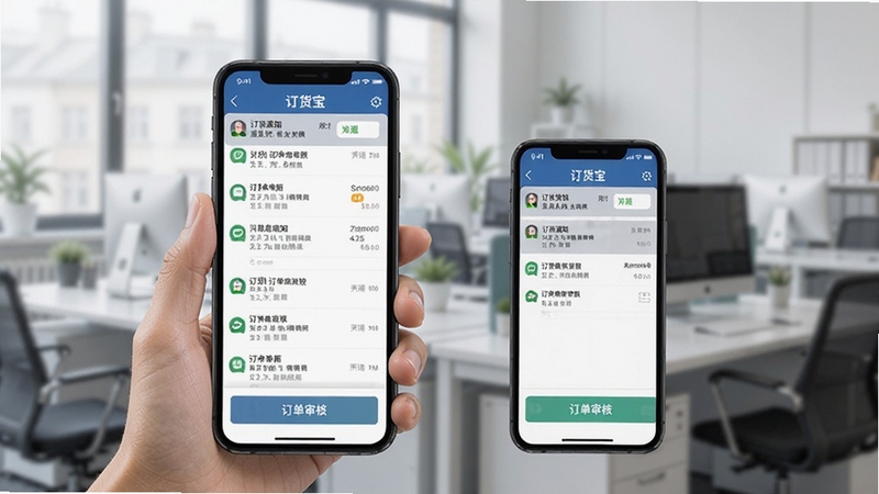 订货宝移动端界面在不同手机上的适配展示,背景为办公环境,界面显示消息通知列表与订单审核按钮,突出移动便捷,软件名称与通知栏可见