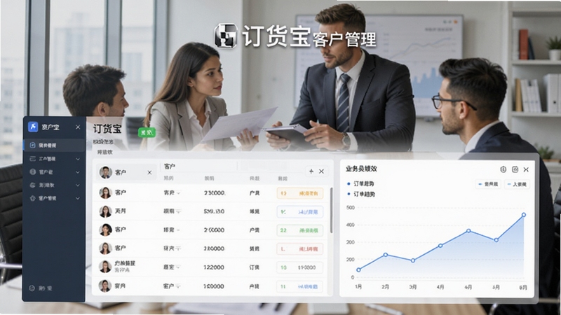 订货宝客户管理界面,展示客户列表与业务员绩效看板,背景为办公室洽谈场景,界面显示客户等级标签与订单趋势图,风格商务简约,软件名称为标题显示