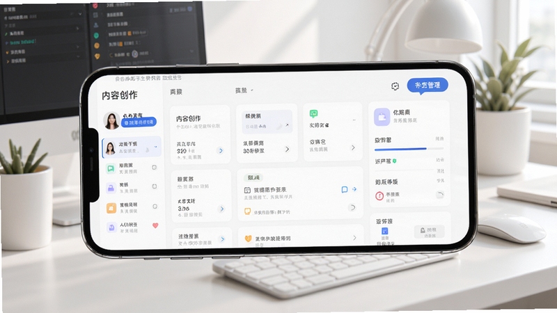 自媒体助手主界面预览图,手机屏幕展示多平台账号管理后台,左侧有内容创作中心,背景为现代简约工作台,光线明亮柔和,画面主体突出,细节丰富,适配Boogu模型生成