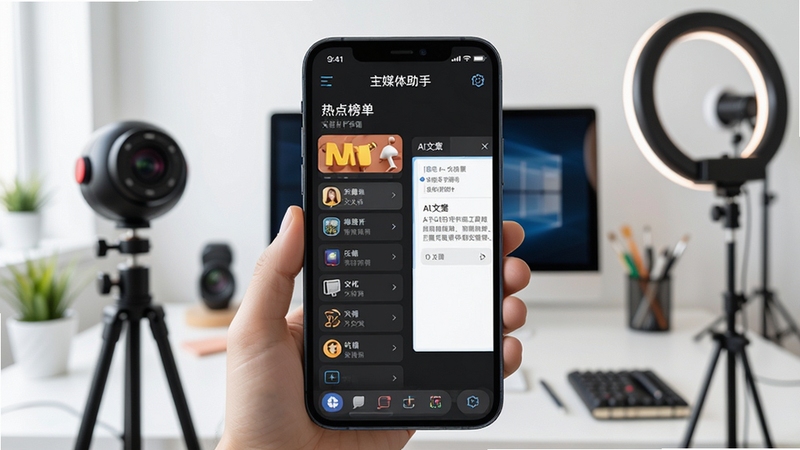 自媒体助手智能创作工具箱界面,手机屏幕展示热点榜单与AI文案编辑框,背景为明亮的工作室环境,有摄像头和补光灯,画面清晰,细节丰富