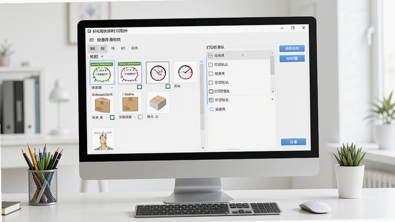 好易用快递单打印软件主界面预览图,展示软件在Windows电脑上的运行效果,界面清晰显示快递单模板选择区、打印任务队列和设置按钮,背景为整洁的办公桌面,整体风格简洁明亮,突出软件易用性和专业性