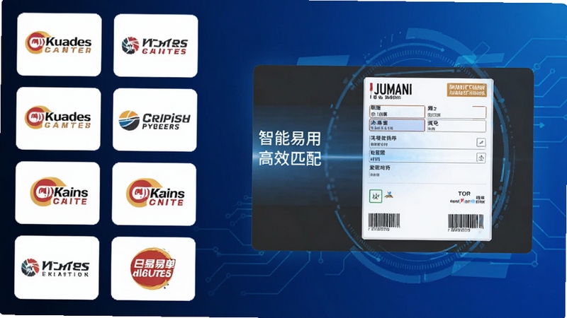 好易用快递单打印软件智能模板匹配功能示意图,画面显示多个快递公司logo排列在左侧,右侧为自动填充好的电子面单预览,背景为蓝色科技感渐变,突出智能识别和高效匹配的特点