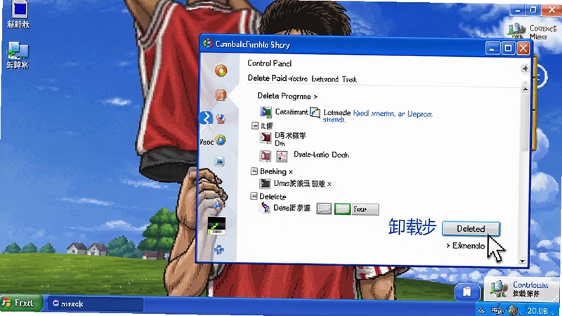 灌篮高手电脑桌面主题 XP版 卸载步骤示意图,显示控制面板中删除程序界面,鼠标点击删除按钮