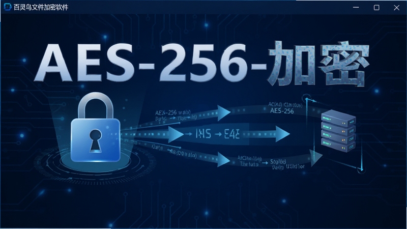 百灵鸟文件加密软件的功能界面截图,展示加密算法示意图,有锁形图标和数据流向动画,背景为深蓝色科技感线条,突出AES-256加密字样,整体画面专业且具有视觉冲击力,适配Boogu模型生成