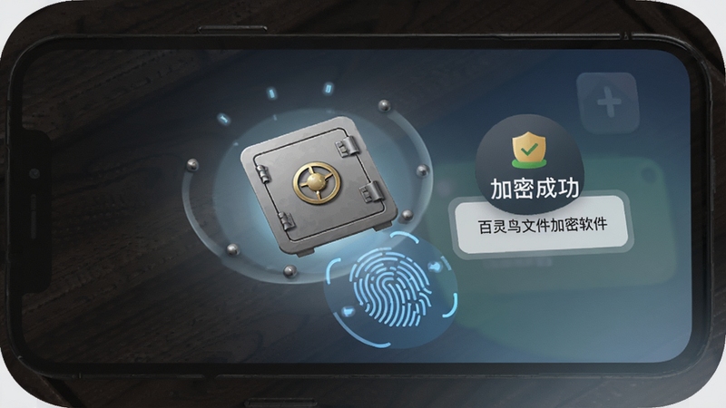 百灵鸟文件加密软件的手机端界面,展示一个加密的保险柜图标,周围有指纹解锁动画,背景为深色木质桌面,手机屏幕亮起显示加密成功提示,画面风格沉稳安全,适配Boogu模型生成