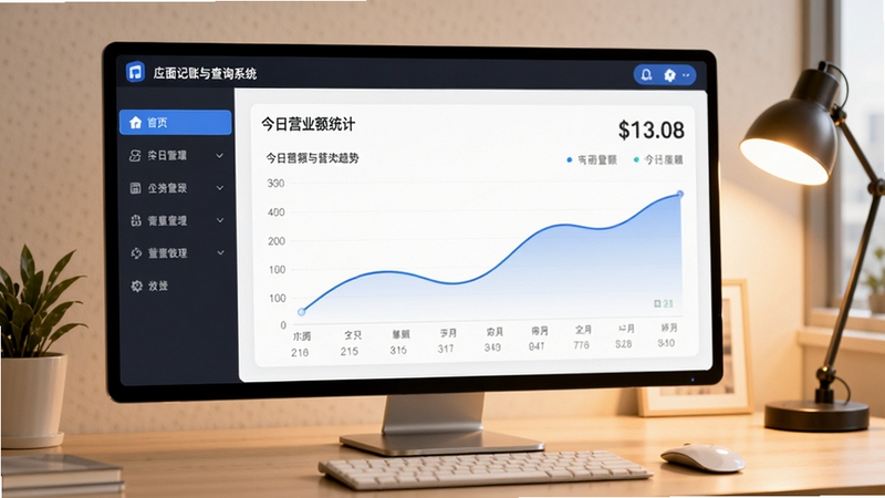 店面记账与查询系统 软件主界面预览图,展示左侧功能导航栏与中央今日营业额统计面板,背景为现代简约办公桌面,暖色调灯光,界面清晰明亮,数据图表展示趋势曲线,整体风格专业且亲和,适配软件介绍场景