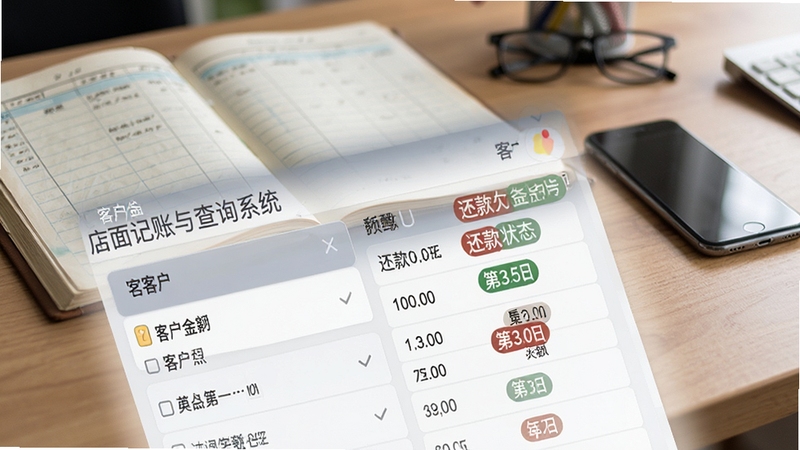 店面记账与查询系统 客户欠款追踪界面特写,显示客户列表与欠款金额、还款状态标签,背景为店铺办公桌上的账本和手机,画面清晰,重点突出欠款提醒功能,色调柔和