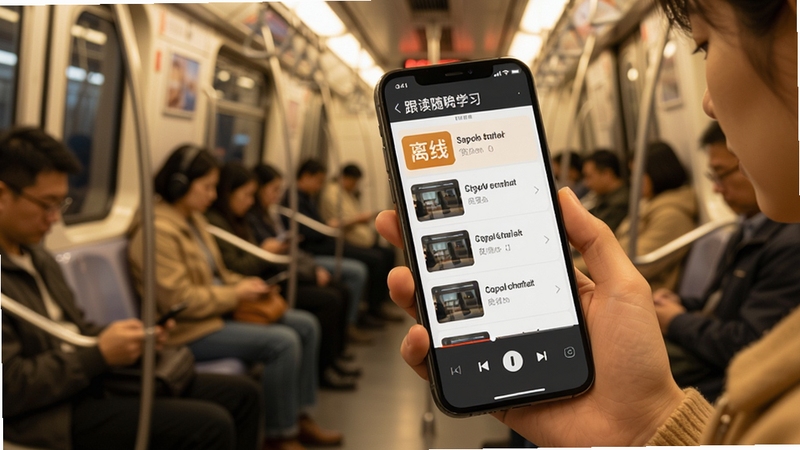 跟读鸭学习助手离线学习功能场景图,画面展示手机界面内已下载课程列表,背景是地铁车厢环境,人物手持手机正在观看学习内容,界面显示离线标识和播放控制条,整体色调温暖,体现随时随地学习的便捷性
