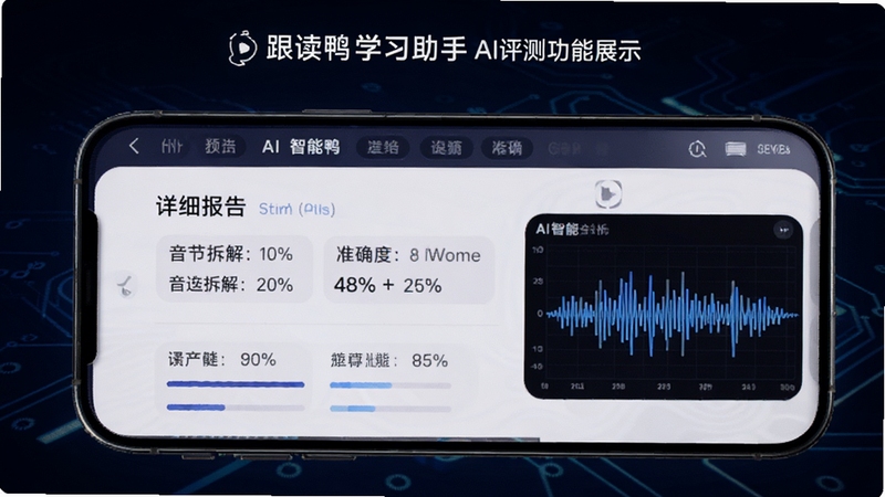 跟读鸭学习助手AI评测功能展示,画面展示手机界面中单词发音的详细分析报告,包括音节拆解和发音准确度百分比,右侧有模拟声波图形,背景采用深色科技感渐变,强调AI智能分析能力,整体视觉专业且富有科技感