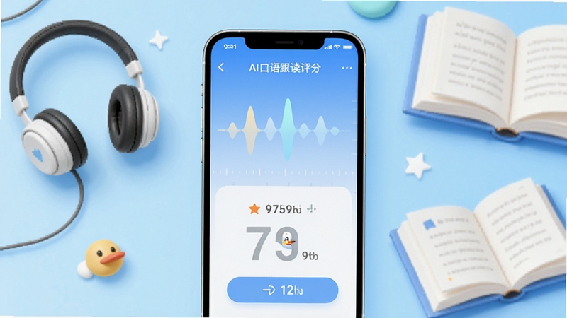 跟读鸭学习助手软件主界面预览图,画面中心展示手机屏幕内的AI口语跟读评分界面,界面设计清新简约,背景为浅蓝色渐变,屏幕中显示波形图和评分结果,周围点缀耳机和书本元素,整体风格明亮活泼,突出智能学习氛围