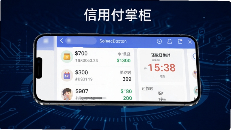 信用付掌柜智能账单解析功能演示图,手机屏幕内显示自动识别出的多笔消费记录和还款日倒计时,背景为深蓝色科技感线条,界面清晰标注“信用付掌柜”字样,突出自动化与高效性