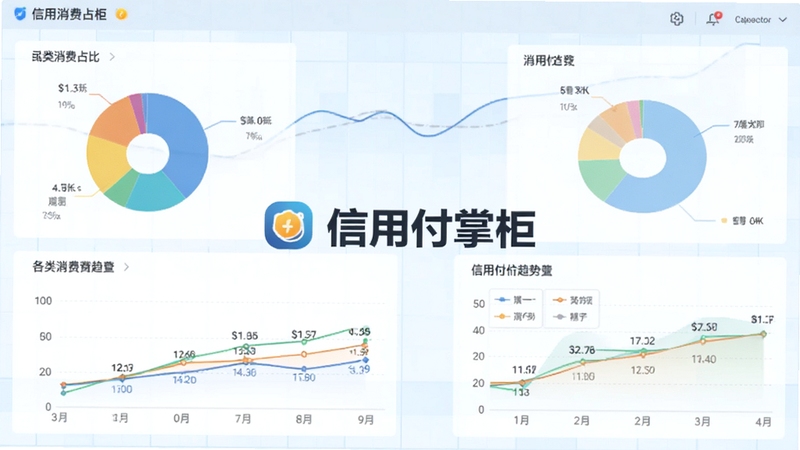 信用付掌柜消费分析功能界面图,展示彩色饼状图和趋势折线图,标注各类消费占比,背景为浅蓝色数据网格,界面中央显示“信用付掌柜”品牌标识,整体风格理性清晰
