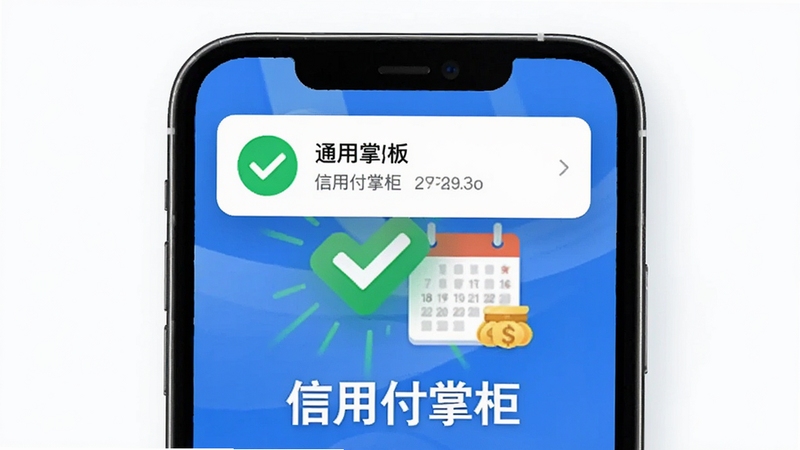 信用付掌柜还款提醒功能示意图,手机顶部弹出还款通知,背景为绿色对勾图标和日历样式,界面下方有“信用付掌柜”字样,整体风格清新醒目