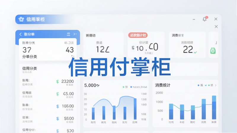信用付掌柜软件主界面预览图,展示清晰的账单分类、还款倒计时和消费统计图表,整体风格简约现代,以蓝色为主色调,背景为浅灰色渐变,界面中央显示软件名称“信用付掌柜”字样,四周留白,适合作为软件介绍首图