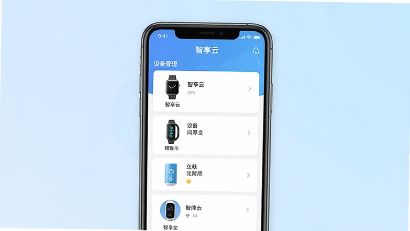 一张展示智享云软件主界面的高清截图,画面中央是一部智能手机,屏幕上显示着智享云APP的设备管理列表,包含手表、手环、家居设备图标,背景为简洁的浅蓝色渐变,整体风格现代、干净,突出软件的品牌名称“智享云”与设备互联的核心功能。