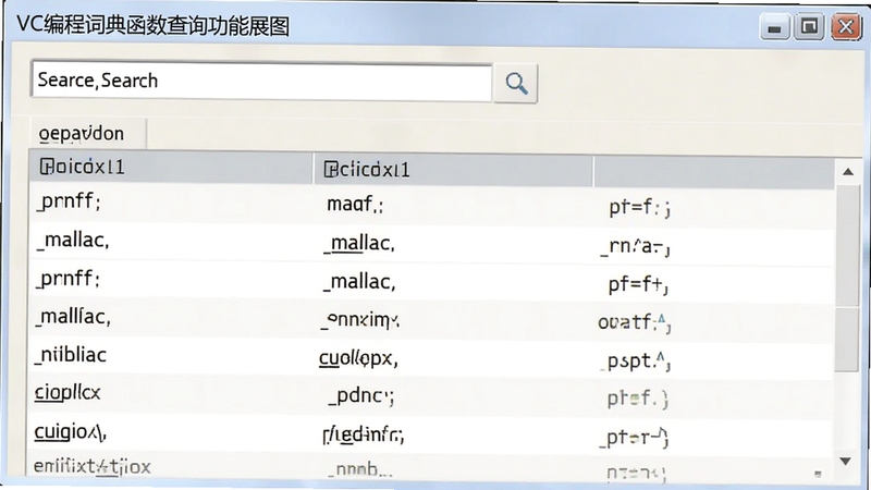 VC编程词典函数查询功能展示图,显示搜索框和函数列表,包含printf、malloc等常见函数,背景为浅色界面,风格清晰明了