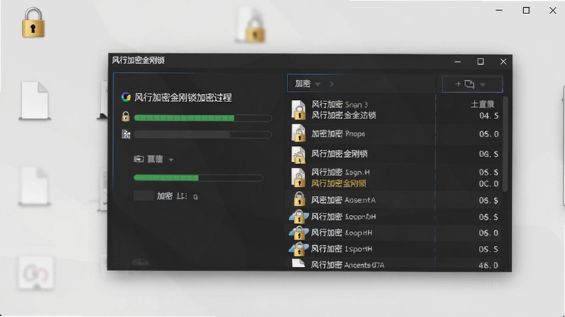展示风行加密金刚锁加密过程的界面截图,画面中显示加密进度条与文件列表,背景为简洁的浅灰色桌面,文件图标带有金色锁标识,整体风格清晰直观,突出软件加密功能的专业性与安全性,画面主体位于中央偏左,背景区域干净整洁