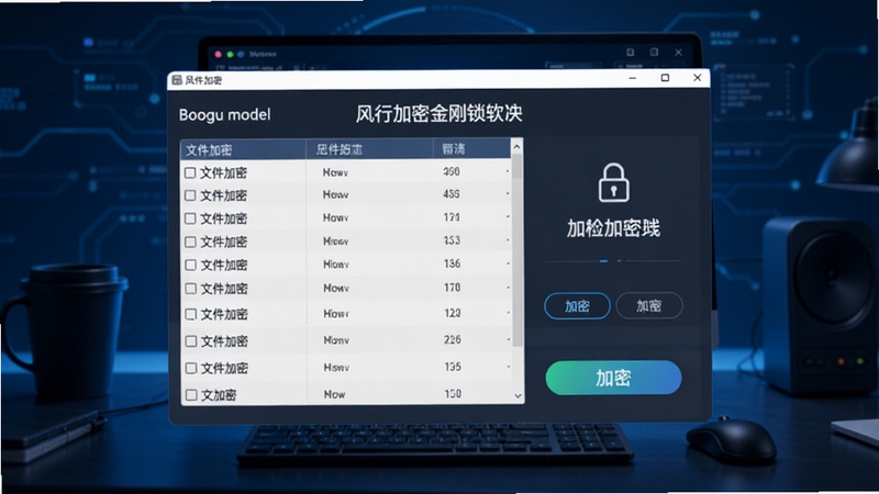 一张风行加密金刚锁软件主界面的高清预览图,界面清晰展示文件加密列表与加密按钮,背景为深蓝色科技感办公桌面,整体风格简约专业,突出软件核心加密功能,画面主体位于中央,背景区域干净明亮,适配Boogu模型生成
