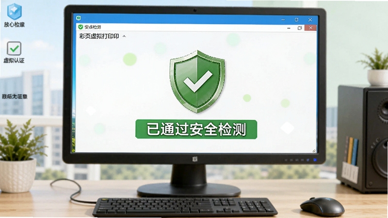 彩页虚拟打印机安全检测界面,画面显示软件通过安全认证的徽章,背景为电脑桌面,有绿色盾牌图标和“已通过安全检测”字样,整体色调明亮,给人放心可靠的感觉