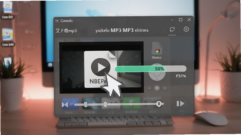 艾奇mp3格式转换器视频转MP3操作演示图,画面中显示一个视频文件被拖拽到转换器窗口中,旁边有进度条显示转换百分比,背景为电脑桌面,色调柔和