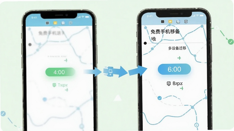 微聊天记录免费手机备份多设备迁移界面,两部手机之间显示数据传输动画,背景为淡绿色,画面主体为手机与数据箭头