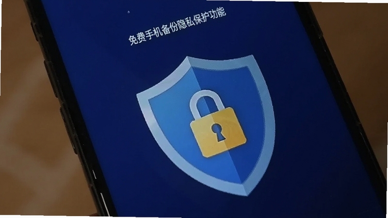 微聊天记录免费手机备份隐私保护功能,手机屏幕显示加密锁图标,背景为深蓝色,画面主体为盾牌与锁