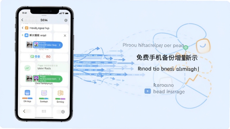 微聊天记录免费手机备份增量更新示意图,手机屏幕展示新增数据自动备份,背景为浅蓝色,画面主体为手机与数据流