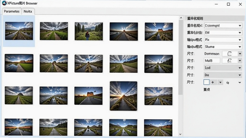 XPicture图片浏览器批处理操作界面,多张图片缩略图排列在窗口中,右侧是参数设置面板,包含重命名规则、输出格式、尺寸选项,界面清晰直观,操作流畅,软件名称显示在窗口标题栏,现代软件界面设计,浅色主题