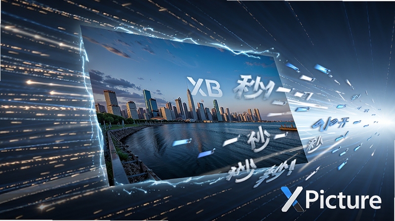 XPicture图片浏览器极速打开一张高清大图的场景,图片以飞入动画效果快速展示,背景有速度线条特效,突出秒开与流畅性能,画面充满科技感与动感,软件名称出现在图片右下角水印处,高细节渲染