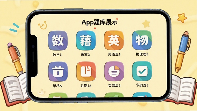 ��˵App���չʾҳ�棬��Ļ����ʾ����ѧ�Ʒ���ͼ�꣬����ѧ�����ġ�Ӣ������ȣ�ÿ��ͼ����ɫ���ޣ�����Ϊ����ɫ���������룬�ֻ���Ļ���У��������鱾�ͱʵĿ�ͨװ�Σ����廭����ã�����ѧϰ��Χ��������Ⱦ