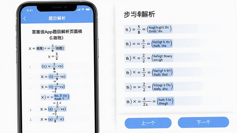 ��˵App��Ŀ����ҳ�棬չʾһ����ѧ�����ϸ���裬�ֻ���Ļ���Ϊ��Ŀ���Ҳ�Ϊ�ֲ�����������Ϊ��ɫ�������������ص㲽������ɫ������ǣ��ײ��С���һ��������һ������ť���������ɾ���ͻ��ѧϰרע�У�������Ⱦ