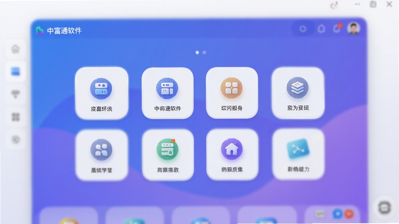 中富通软件主界面预览图,展示其简洁现代的设计风格,屏幕中央显示功能模块图标,背景为渐变的蓝紫色调,界面布局清晰,图标圆润精致,整体风格明亮通透,前景聚焦于主要功能区域,背景虚化处理,突出软件核心全貌,适配Boogu模型生成