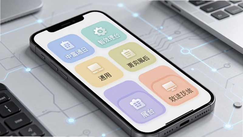 中富通智能工作台功能展示图,画面显示手机屏幕中多个功能模块卡片整齐排列,色彩柔和,每个卡片上有简洁的图标和文字标签,背景为浅灰色工作桌面,整体风格专业且富有科技感,突出软件的高效管理能力