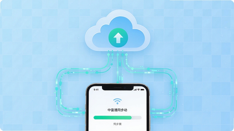 中富通云端同步功能示意图,画面展示手机与云端服务器之间的数据流动线条,背景为浅蓝色科技网格,云端图标悬浮于屏幕上方,下方手机界面显示同步进度条,整体色调清新,传达出高效、便捷的同步体验