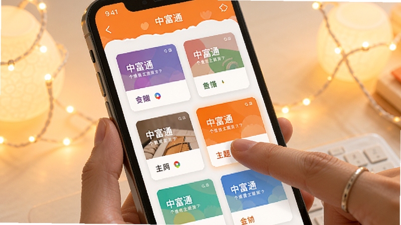 中富通个性化主题设置页面,画面展示多种颜色主题的预览卡片,用户手指正点击选择一款橙色主题,背景为柔和的光线,手机屏幕界面清晰,整体风格活泼明快,突出软件的高度可定制性